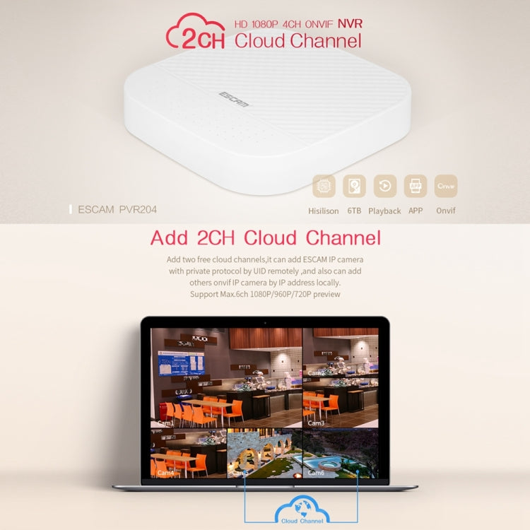 ESCAM PVR204 1080P 4CH+2CH ONVIF NVR Digital Video Recorder with 2CH Cloud Channel for IP Camera System, PVR204 ESCAM PVR204 1080P 4CH+2CH ONVIF NVR Digital Video Recorder with 2CH Cloud Channel for IP Camera System, PVR204